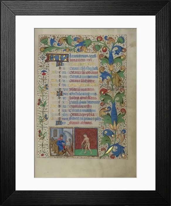 Framed Print : Calendar Page for January: Keeping Warm: Aquarius; Book of Hours, about 1450-1455. Creator: Master of the Lee Hours Framed Print : Calendar Page for January: Keeping Warm: Aquarius; Book of Hours, about 1450-1455. Creator: Master of the Lee Hours