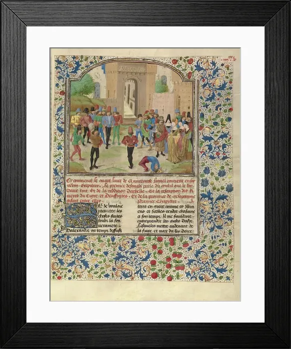 Framed Print : The Competition in Sittacene and the Placating of Sisigambis, about 1470-1475. Creator: Master of the Jardin de vertueuse consolation Framed Print : The Competition in Sittacene and the Placating of Sisigambis, about 1470-1475. Creator: Master of the Jardin de vertueuse consolation