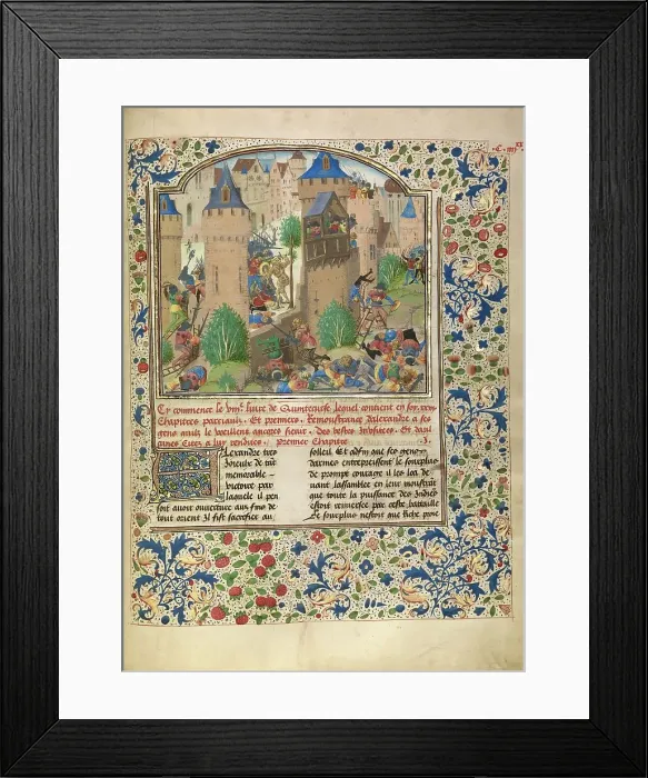 Framed Print : Alexander Fights in the Town of the Sudracae; Livre des fais d'Alexandre le grant, about 1470-1475. Creator: Master of the Jardin de vertueuse consolation Framed Print : Alexander Fights in the Town of the Sudracae; Livre des fais d'Alexandre le grant, about 1470-1475. Creator: Master of the Jardin de vertueuse consolation
