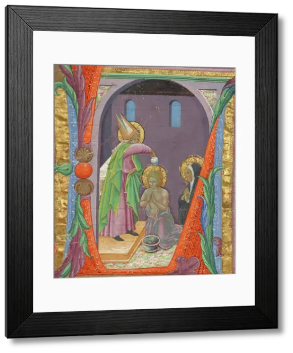 Framed Print : Initial L: The Baptism of Saint Augustine; Choir Book, about 1430. Creator: Master of the Osservanza Triptych Framed Print : Initial L: The Baptism of Saint Augustine; Choir Book, about 1430. Creator: Master of the Osservanza Triptych