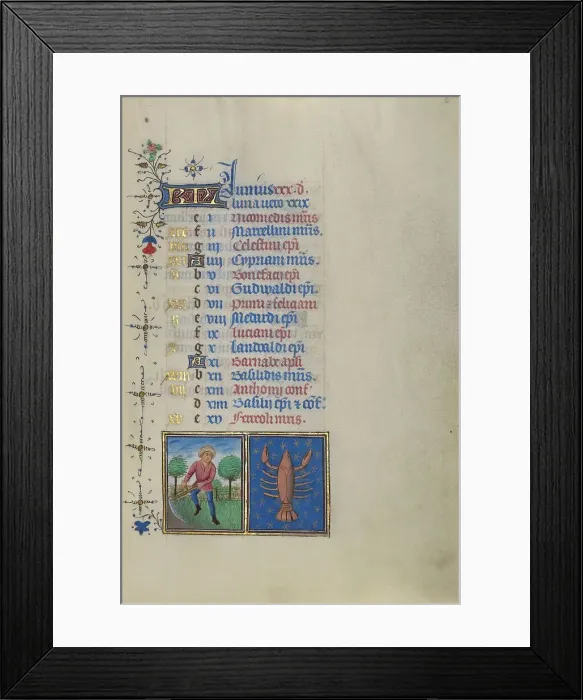 Framed Print : Calendar Page for June: Mowing: Cancer; Book of Hours, about 1450-1455. Creator: Master of the Lee Hours Framed Print : Calendar Page for June: Mowing: Cancer; Book of Hours, about 1450-1455. Creator: Master of the Lee Hours