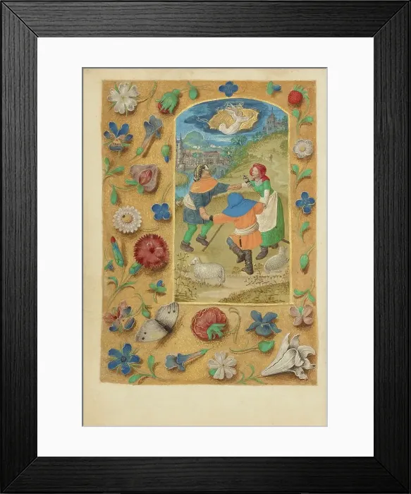 Framed Print : The Annunciation to the Shepherds; Crohin-La Fontaine Hours, (about 1480-1485?). Creators: Master of the Dresden Prayer Book, Workshop of the Master of the Dresden Prayer Book Framed Print : The Annunciation to the Shepherds; Crohin-La Fontaine Hours, (about 1480-1485?). Creators: Master of the Dresden Prayer Book, Workshop of the Master of the Dresden Prayer Book