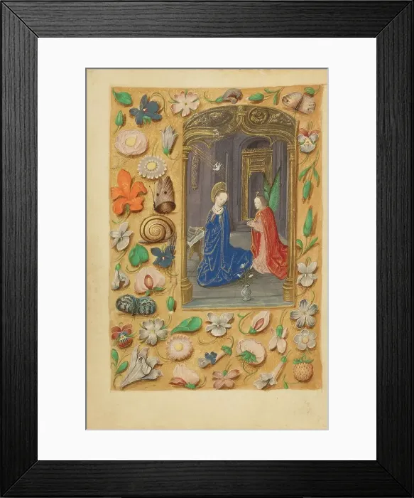 Framed Print : The Annunciation; Crohin-La Fontaine Hours, (about 1480-1485?). Creators: Master of the Dresden Prayer Book, Workshop of the Master of the Dresden Prayer Book Framed Print : The Annunciation; Crohin-La Fontaine Hours, (about 1480-1485?). Creators: Master of the Dresden Prayer Book, Workshop of the Master of the Dresden Prayer Book