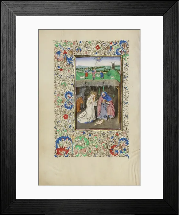 Framed Print : The Nativity and The Annunciation to the Shepherds; Llangattock Hours, 1450s. Creator: Master of the Llangattock Hours Framed Print : The Nativity and The Annunciation to the Shepherds; Llangattock Hours, 1450s. Creator: Master of the Llangattock Hours