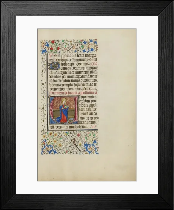 Framed Print : Initial V: Saint Apollonia with a Book and Tongs; Llangattock Hours, 1450s. Creator: Master of the Llangattock Hours Framed Print : Initial V: Saint Apollonia with a Book and Tongs; Llangattock Hours, 1450s. Creator: Master of the Llangattock Hours