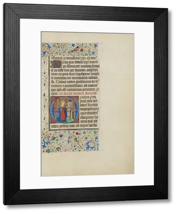Framed Print : Initial O: Saint Barbara before a Tower; Llangattock Hours, 1450s. Creator: Master of the Llangattock Hours Framed Print : Initial O: Saint Barbara before a Tower; Llangattock Hours, 1450s. Creator: Master of the Llangattock Hours