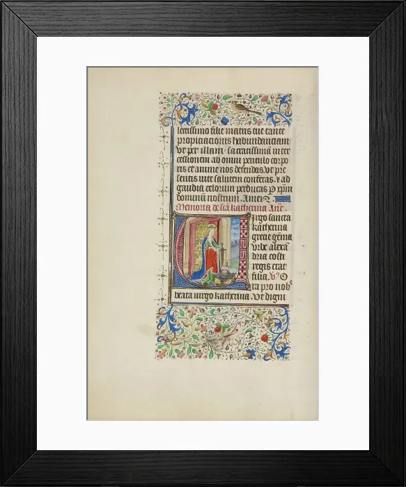 Framed Print : Initial V: Saint Catherine Holding a Sword over a King; Llangattock Hours, 1450s. Creator: Master of the Llangattock Hours Framed Print : Initial V: Saint Catherine Holding a Sword over a King; Llangattock Hours, 1450s. Creator: Master of the Llangattock Hours