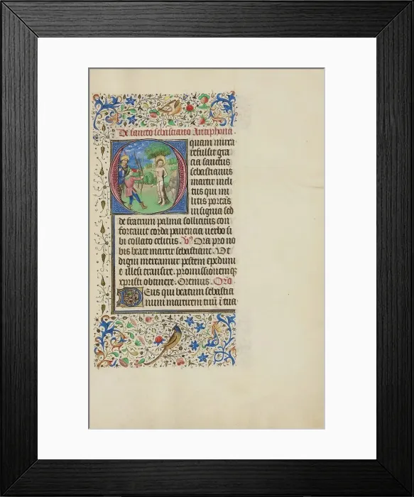 Framed Print : Initial O: The Martyrdom of Saint Sebastian; Llangattock Hours, 1450s. Creator: Master of the Llangattock Hours Framed Print : Initial O: The Martyrdom of Saint Sebastian; Llangattock Hours, 1450s. Creator: Master of the Llangattock Hours