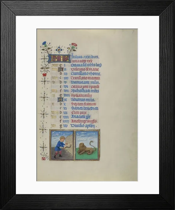 Framed Print : Calendar Page for July: Reaping: Leo; Book of Hours, about 1450-1455. Creator: Master of the Lee Hours Framed Print : Calendar Page for July: Reaping: Leo; Book of Hours, about 1450-1455. Creator: Master of the Lee Hours