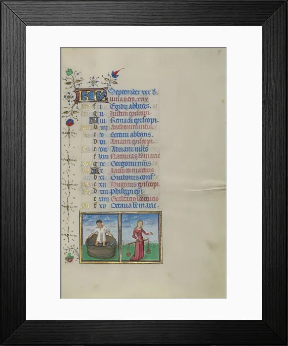 Framed Print : Calendar Page for September: Making Wine: Libra; Book of Hours, about 1450-1455. Creator: Master of the Lee Hours Framed Print : Calendar Page for September: Making Wine: Libra; Book of Hours, about 1450-1455. Creator: Master of the Lee Hours