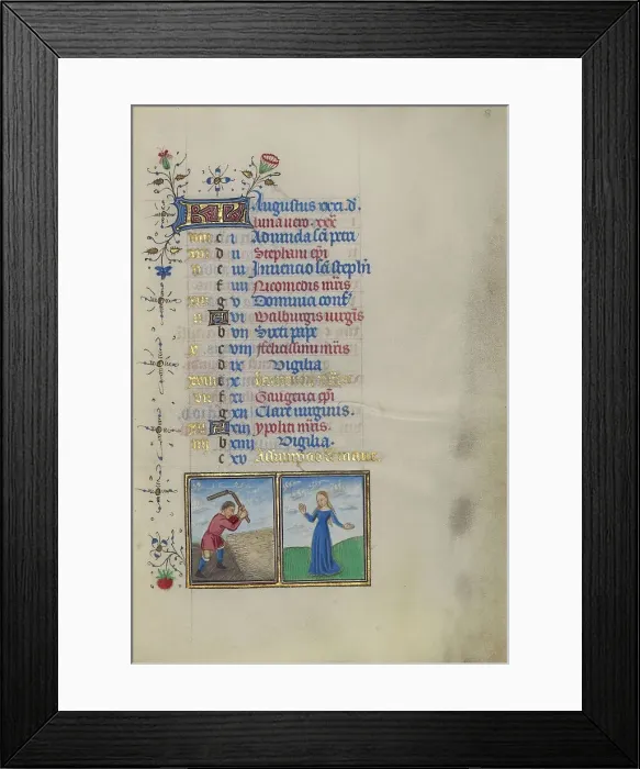 Framed Print : Calendar Page for August: Threshing: Virgo; Book of Hours, about 1450-1455. Creator: Master of the Lee Hours Framed Print : Calendar Page for August: Threshing: Virgo; Book of Hours, about 1450-1455. Creator: Master of the Lee Hours