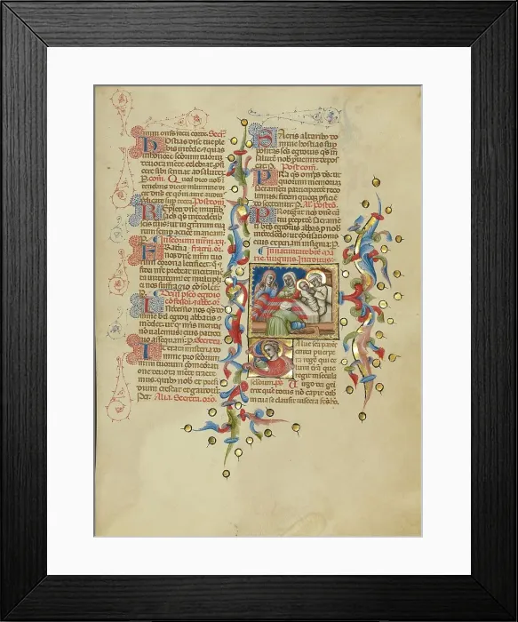 Framed Print : The Birth of the Virgin: Initial S: The Virgin Reading; The Nativity...between about 1389 and 1400. Creator: Master of the Brussels Initials Framed Print : The Birth of the Virgin: Initial S: The Virgin Reading; The Nativity...between about 1389 and 1400. Creator: Master of the Brussels Initials
