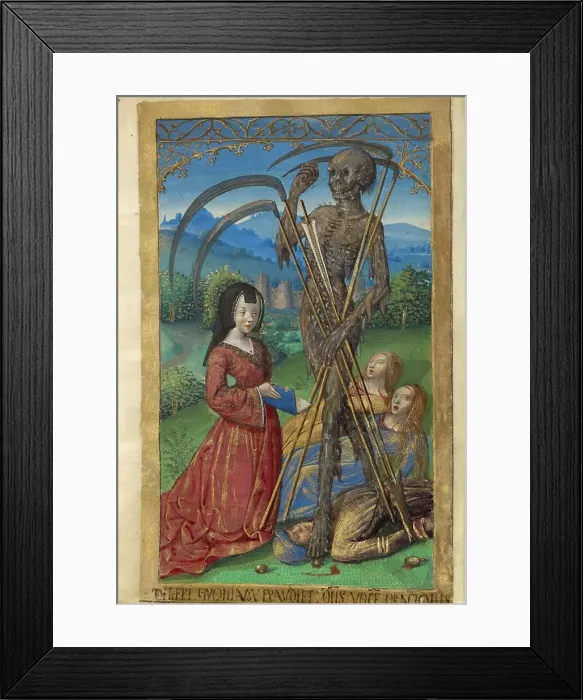 Framed Print : Denise Poncher before a Vision of Death; Poncher Hours, about 1500. Creator: Master of the Chronique Scandaleuse Framed Print : Denise Poncher before a Vision of Death; Poncher Hours, about 1500. Creator: Master of the Chronique Scandaleuse