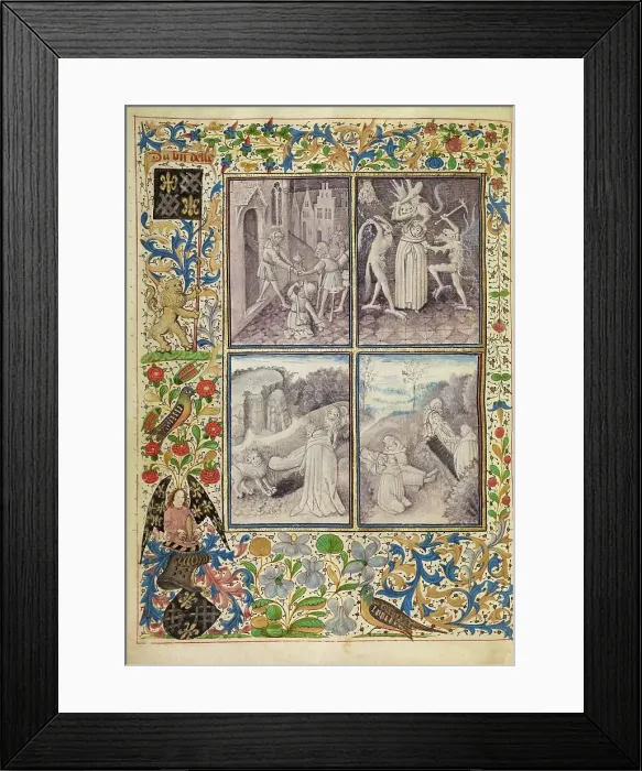 Framed Print : Saint Anthony Giving his Belongings to the Poor: Anthony Tormented by Demons... about 1465-70. Creators: Master of the Brussels Romuleon, Workshop of the Master of the Brussels Romuleon Framed Print : Saint Anthony Giving his Belongings to the Poor: Anthony Tormented by Demons... about 1465-70. Creators: Master of the Brussels Romuleon, Workshop of the Master of the Brussels Romuleon