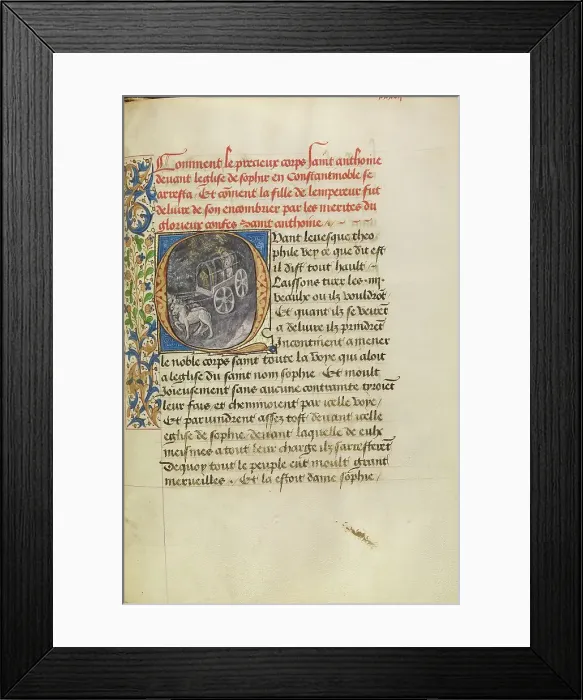 Framed Print : Initial Q: The Reliquary Shrine of Saint Anthony Arriving at the Church in... about 1465-1470. Creators: Master of the Brussels Romuleon, Workshop of the Master of the Brussels Romuleon Framed Print : Initial Q: The Reliquary Shrine of Saint Anthony Arriving at the Church in... about 1465-1470. Creators: Master of the Brussels Romuleon, Workshop of the Master of the Brussels Romuleon