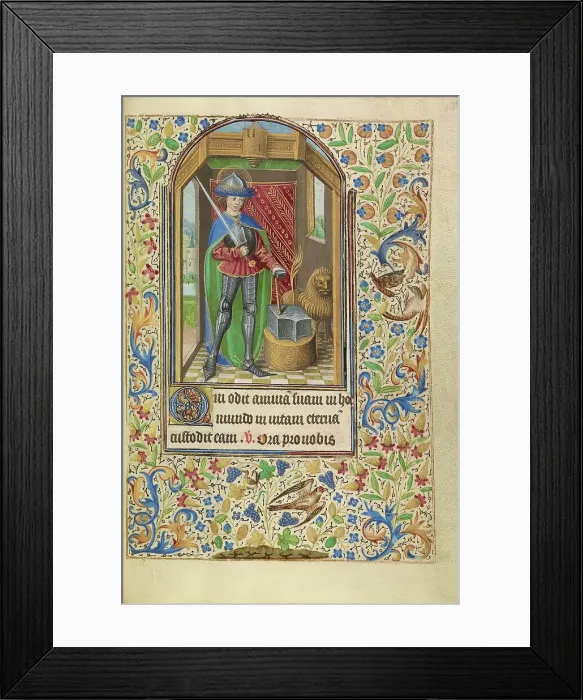 Framed Print : Saint Adrian Armed with a Sword and an Anvil; Book of Hours, about 1466-1470. Creator: Master of Jacques of Luxembourg