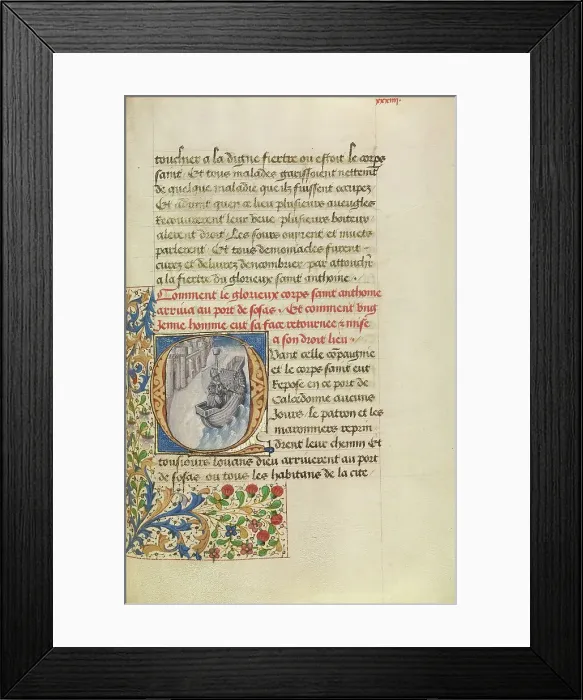 Framed Print : Initial Q: The Ship of Bishop Theophilus with the Reliquary Shrine before the City... about 1465-70 Creators: Master of the Brussels Romuleon, Workshop of the Master of the Brussels Romuleon Framed Print : Initial Q: The Ship of Bishop Theophilus with the Reliquary Shrine before the City... about 1465-70 Creators: Master of the Brussels Romuleon, Workshop of the Master of the Brussels Romuleon