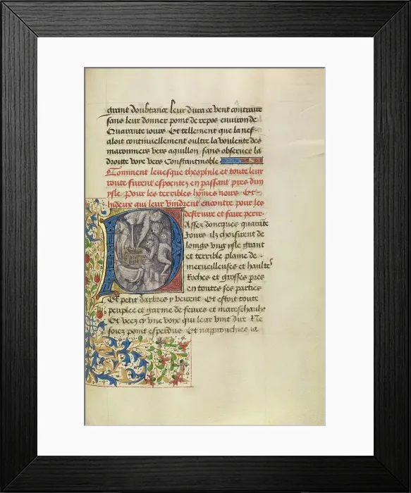 Framed Print : Initial P: The Ship of Bishop Theophilus Sailing Near an Island Inhabited by Wild... about 1465-70. Creators: Master of the Brussels Romuleon, Workshop of the Master of the Brussels Romuleon Framed Print : Initial P: The Ship of Bishop Theophilus Sailing Near an Island Inhabited by Wild... about 1465-70. Creators: Master of the Brussels Romuleon, Workshop of the Master of the Brussels Romuleon