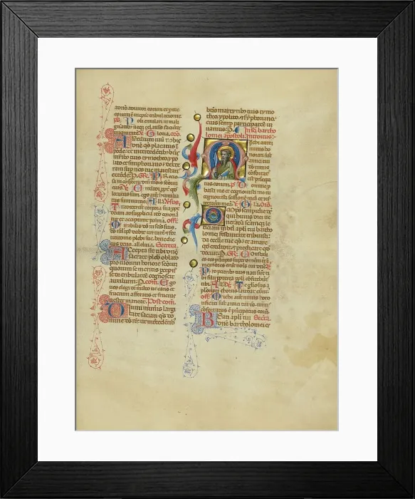 Framed Print : Initial M: Saint Bartholomew; Missal, between about 1389 and 1400. Creator: Master of the Brussels Initials Framed Print : Initial M: Saint Bartholomew; Missal, between about 1389 and 1400. Creator: Master of the Brussels Initials