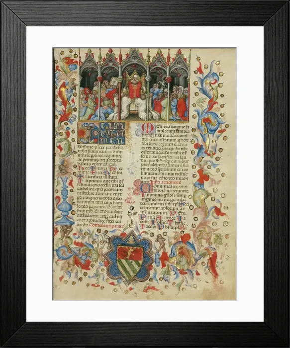 Framed Print : The Elevation of the Host: Initial T: A Putto Between the Sun and.. between about 1389 and 1400. Creator: Master of the Brussels Initials Framed Print : The Elevation of the Host: Initial T: A Putto Between the Sun and.. between about 1389 and 1400. Creator: Master of the Brussels Initials