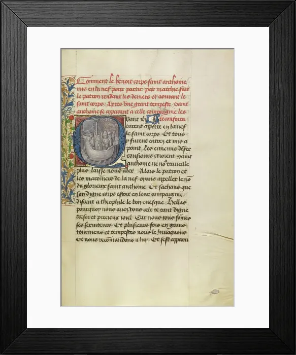 Framed Print : Initial Q: Saint Anthony Reassuring Bishop Theophilus and His Companions During... about 1465-70. Creators: Master of the Brussels Romuleon, Workshop of the Master of the Brussels Romuleon Framed Print : Initial Q: Saint Anthony Reassuring Bishop Theophilus and His Companions During... about 1465-70. Creators: Master of the Brussels Romuleon, Workshop of the Master of the Brussels Romuleon
