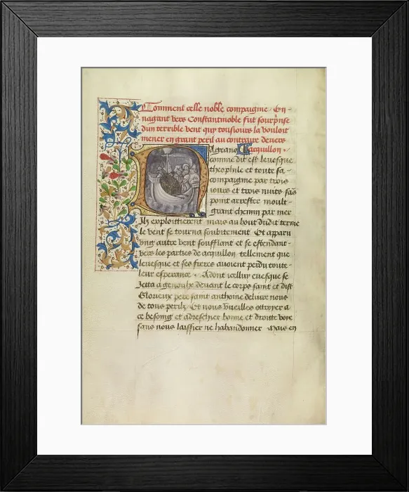 Framed Print : Initial N: Bishop Theophilus's Ship Blown Off Course and Bishop Theophilus in Prayer, about 1465-70. Creators: Master of the Brussels Romuleon, Workshop of the Master of the Brussels Romuleon Framed Print : Initial N: Bishop Theophilus's Ship Blown Off Course and Bishop Theophilus in Prayer, about 1465-70. Creators: Master of the Brussels Romuleon, Workshop of the Master of the Brussels Romuleon