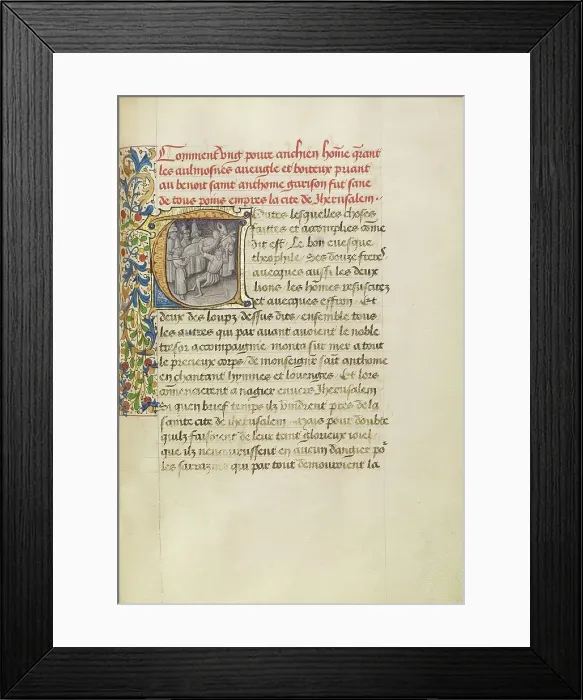 Framed Print : Initial T: The Healing of the Blind after Touching the Body of Saint Anthony, about 1465-1470. Creators: Master of the Brussels Romuleon, Workshop of the Master of the Brussels Romuleon Framed Print : Initial T: The Healing of the Blind after Touching the Body of Saint Anthony, about 1465-1470. Creators: Master of the Brussels Romuleon, Workshop of the Master of the Brussels Romuleon