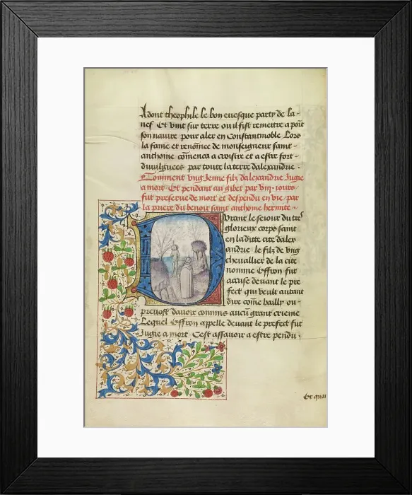 Framed Print : Initial D: Saint Anthony Raising a Dead Man, about 1465-1470. Creators: Master of the Brussels Romuleon, Workshop of the Master of the Brussels Romuleon Framed Print : Initial D: Saint Anthony Raising a Dead Man, about 1465-1470. Creators: Master of the Brussels Romuleon, Workshop of the Master of the Brussels Romuleon