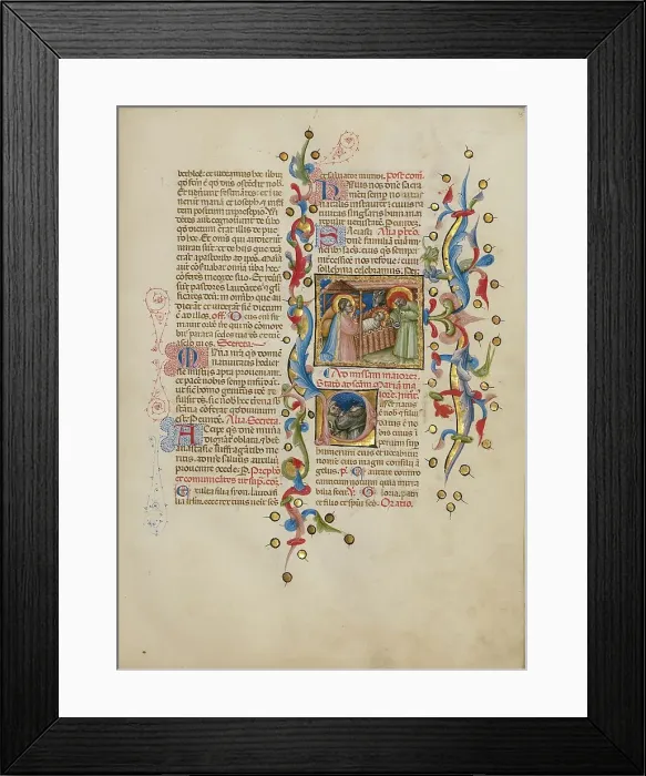 Framed Print : The Adoration of the Christ Child: Initial P: Two Shepherds; Missal, between about 1389 and 1400. Creator: Master of the Brussels Initials Framed Print : The Adoration of the Christ Child: Initial P: Two Shepherds; Missal, between about 1389 and 1400. Creator: Master of the Brussels Initials