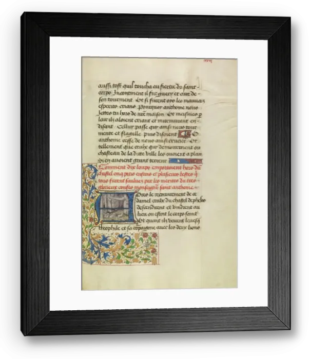 Framed Print : Initial A: Saint Anthony Saving Five Children from Wolves, about 1465-1470. Creators: Master of the Brussels Romuleon, Workshop of the Master of the Brussels Romuleon Framed Print : Initial A: Saint Anthony Saving Five Children from Wolves, about 1465-1470. Creators: Master of the Brussels Romuleon, Workshop of the Master of the Brussels Romuleon