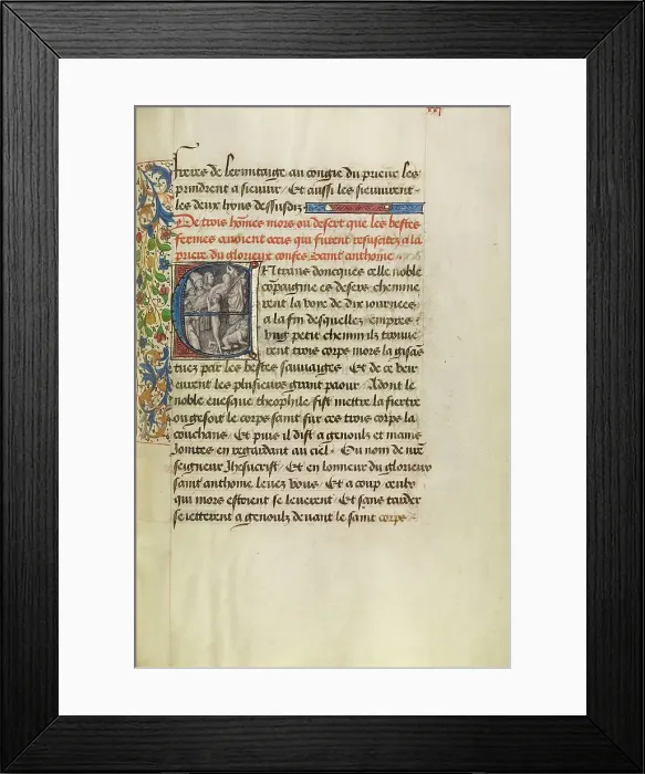 Framed Print : Initial E: Saint Anthony Raising Three Men Killed by Lions, about 1465-1470. Creators: Master of the Brussels Romuleon, Workshop of the Master of the Brussels Romuleon