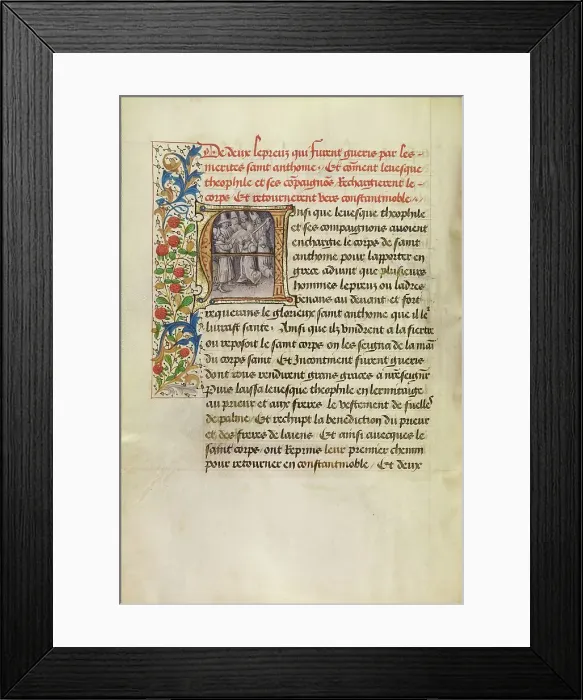 Framed Print : Initial A: The Body of Saint Anthony Transported to Constantinople and the Healing... about 1465-70 Creators: Master of the Brussels Romuleon, Workshop of the Master of the Brussels Romuleon Framed Print : Initial A: The Body of Saint Anthony Transported to Constantinople and the Healing... about 1465-70 Creators: Master of the Brussels Romuleon, Workshop of the Master of the Brussels Romuleon