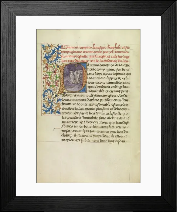 Framed Print : Initial P: Bishop Theophilus and His Companions Following a Star for Forty Days, about 1465-1470. Creators: Master of the Brussels Romuleon, Workshop of the Master of the Brussels Romuleon Framed Print : Initial P: Bishop Theophilus and His Companions Following a Star for Forty Days, about 1465-1470. Creators: Master of the Brussels Romuleon, Workshop of the Master of the Brussels Romuleon