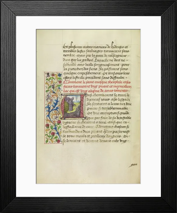 Framed Print : Initial A: Bishop Theophilus Speaking to Tortured Souls Arising from the Bottom... about 1465-1470. Creators: Master of the Brussels Romuleon, Workshop of the Master of the Brussels Romuleon Framed Print : Initial A: Bishop Theophilus Speaking to Tortured Souls Arising from the Bottom... about 1465-1470. Creators: Master of the Brussels Romuleon, Workshop of the Master of the Brussels Romuleon