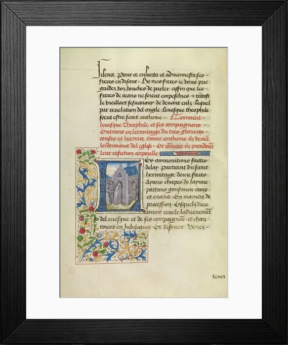 Framed Print : Initial L: Saint Anthony Appearing to Bishop Theophilus and Leading Him to His... about 1465-70. Creators: Master of the Brussels Romuleon, Workshop of the Master of the Brussels Romuleon