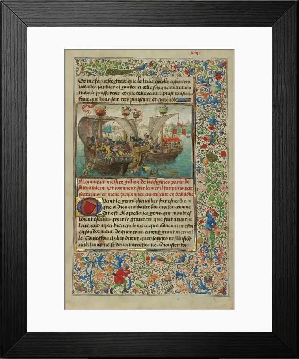 Framed Print : Gillion's Ship Attacked by the Sultan's Army; Roman de Gillion de Trazegnies, 1464. Creators: Lieven van Lathem, David Aubert Framed Print : Gillion's Ship Attacked by the Sultan's Army; Roman de Gillion de Trazegnies, 1464. Creators: Lieven van Lathem, David Aubert