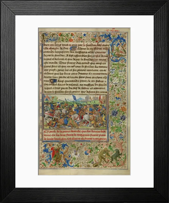 Framed Print : Gillion Defeating King Fabur during the Siege of Cairo; Roman de Gillion de Trazegnies, 1464. Creators: Lieven van Lathem, David Aubert
