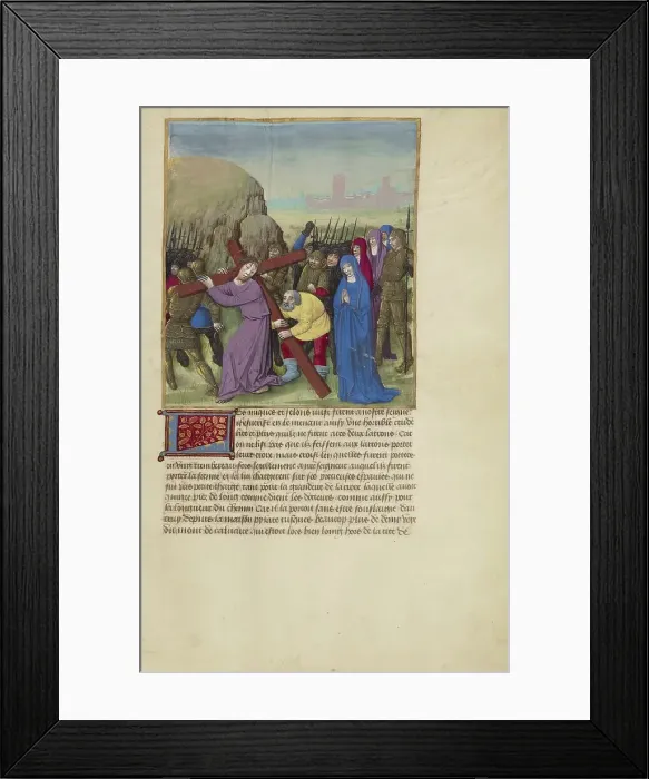 Framed Print : Simon the Cyrene Assisting Christ on the Way to Calvary, about 1480-1490. Creators: Master of Guillaume Lambert, Workshop of Master of Guillaume Lambert Framed Print : Simon the Cyrene Assisting Christ on the Way to Calvary, about 1480-1490. Creators: Master of Guillaume Lambert, Workshop of Master of Guillaume Lambert