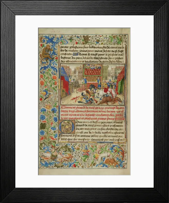 Framed Print : A Judicial Duel Between Gillion's Son Gerard and the Emir Lucion, 1464. Creators: Lieven van Lathem, David Aubert Framed Print : A Judicial Duel Between Gillion's Son Gerard and the Emir Lucion, 1464. Creators: Lieven van Lathem, David Aubert