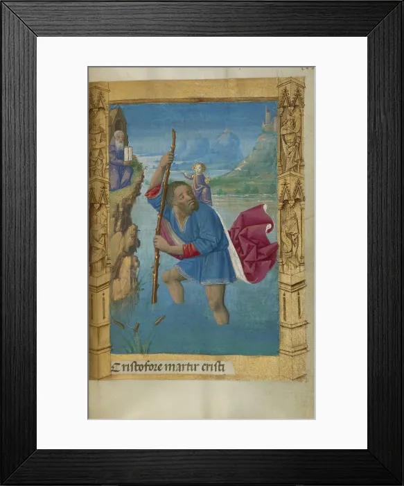 Framed Print : Saint Christopher Carrying the Christ Child; Book of Hours, 1478. Creator: Master of Guillaume Lambert Framed Print : Saint Christopher Carrying the Christ Child; Book of Hours, 1478. Creator: Master of Guillaume Lambert