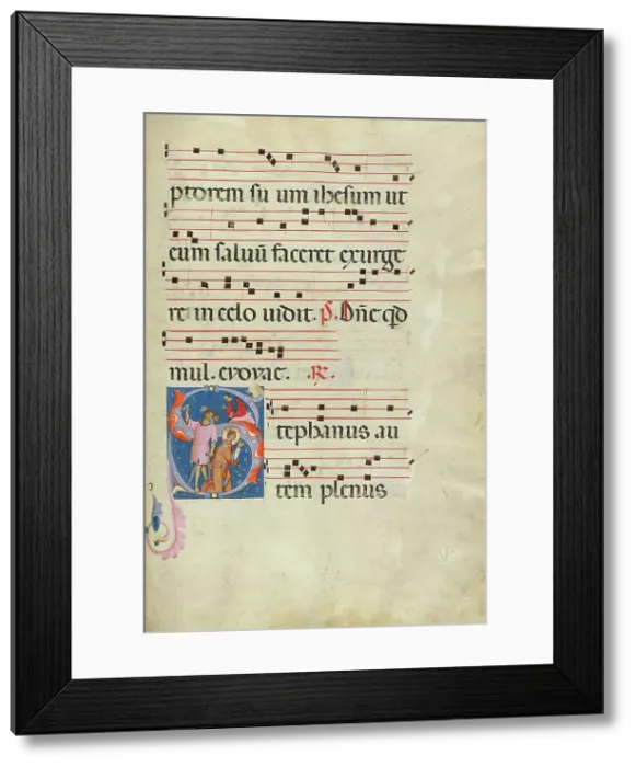 Framed Print : Initial S: The Stoning of Saint Stephen; Antiphonal, late 13th century. Creator: Master of Gerona Framed Print : Initial S: The Stoning of Saint Stephen; Antiphonal, late 13th century. Creator: Master of Gerona