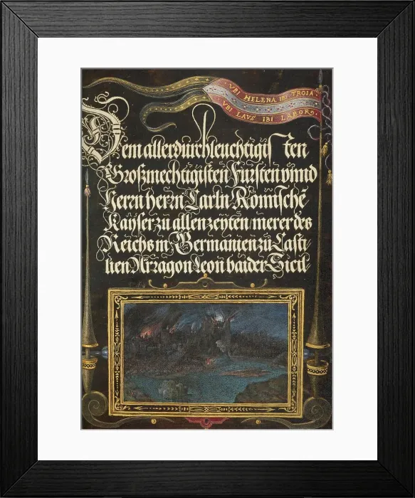 Framed Print : The Burning of Troy: Banner of the House of Hapsburg, 1561-1562; illumination added 1591-1596. Creator: Joris Hoefnagel Framed Print : The Burning of Troy: Banner of the House of Hapsburg, 1561-1562; illumination added 1591-1596. Creator: Joris Hoefnagel