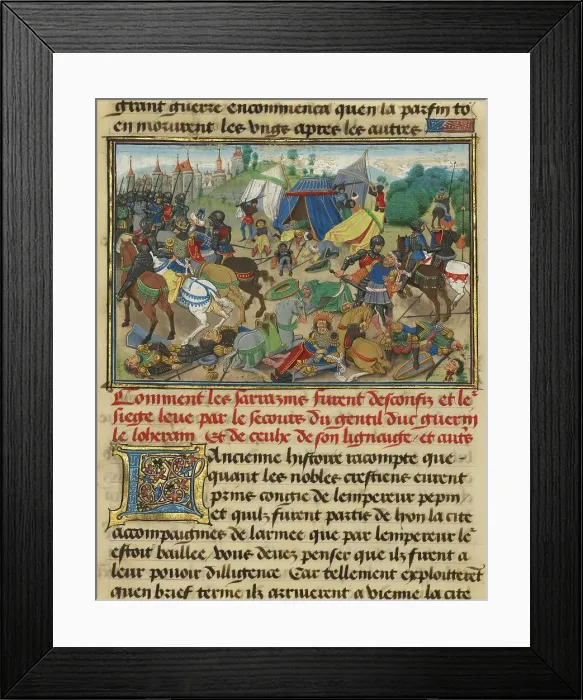 Framed Print : Guerin de Lorraine Freeing Vienne from the Saracens, written 1463-1465; illuminated 1467-1472. Creators: Loyset Liedet, Pol Fruit