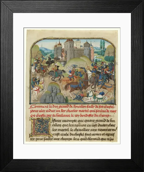 Framed Print : Roussillon Going to Martel's Aid; Histoire de Charles Martel, written 1463-65; illuminated 1467-72. Creators: Loyset Liedet, Pol Fruit Framed Print : Roussillon Going to Martel's Aid; Histoire de Charles Martel, written 1463-65; illuminated 1467-72. Creators: Loyset Liedet, Pol Fruit