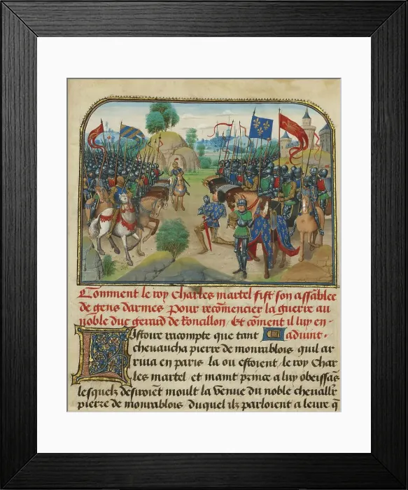 Framed Print : The Armies of France and Burgundy with Martel in Prayer, written 1463-1465; illuminated 1467-1472. Creators: Loyset Liedet, Pol Fruit Framed Print : The Armies of France and Burgundy with Martel in Prayer, written 1463-1465; illuminated 1467-1472. Creators: Loyset Liedet, Pol Fruit