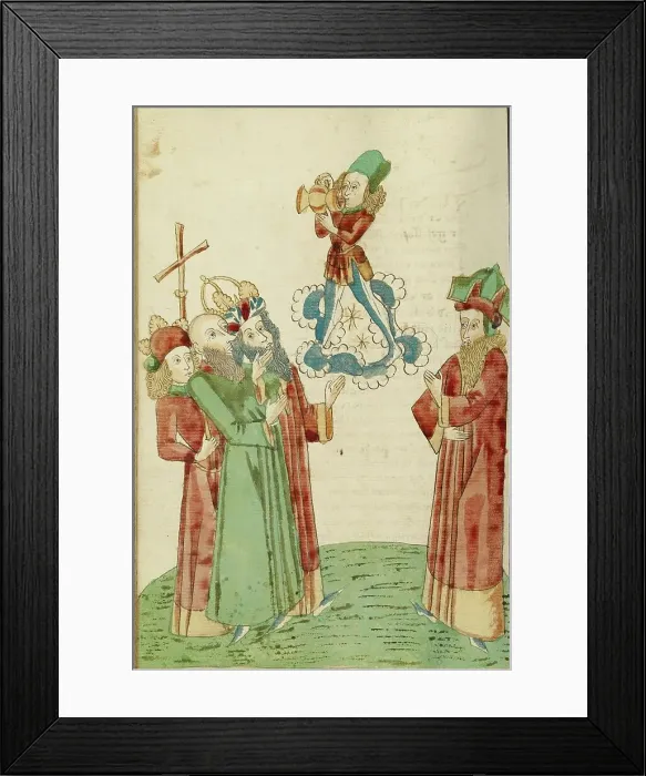 Framed Print : King Avenir, Josaphat, and the Pagan Scholars Behold an Image of Bacchus, 1469. Creators: Hans Schilling, Diebolt Lauber Framed Print : King Avenir, Josaphat, and the Pagan Scholars Behold an Image of Bacchus, 1469. Creators: Hans Schilling, Diebolt Lauber