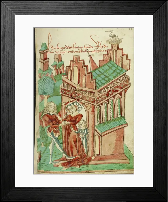 Framed Print : The King's Brother Welcomed by his (own) Wife and Daughter; Barlaam und Josaphat, 1469. Creators: Hans Schilling, Diebolt Lauber Framed Print : The King's Brother Welcomed by his (own) Wife and Daughter; Barlaam und Josaphat, 1469. Creators: Hans Schilling, Diebolt Lauber