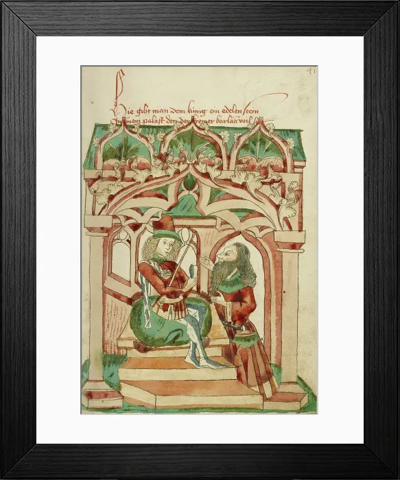Framed Print : King Avenir Receiving Barlaam's Precious Gem; Barlaam und Josaphat, 1469. Creators: Hans Schilling, Diebolt Lauber Framed Print : King Avenir Receiving Barlaam's Precious Gem; Barlaam und Josaphat, 1469. Creators: Hans Schilling, Diebolt Lauber