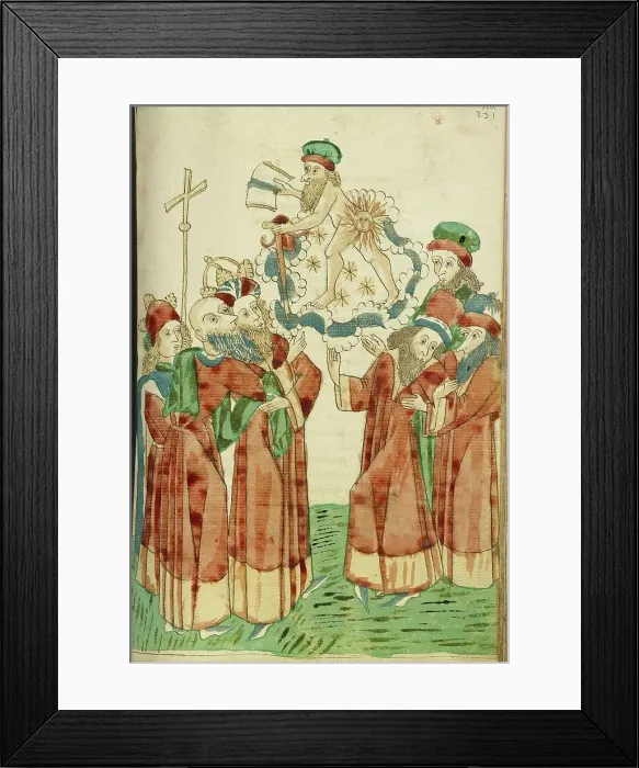 Framed Print : King Avenir, Josaphat and the Pagan Scholars Behold the Personification of Saturn, 1469. Creators: Hans Schilling, Diebolt Lauber Framed Print : King Avenir, Josaphat and the Pagan Scholars Behold the Personification of Saturn, 1469. Creators: Hans Schilling, Diebolt Lauber