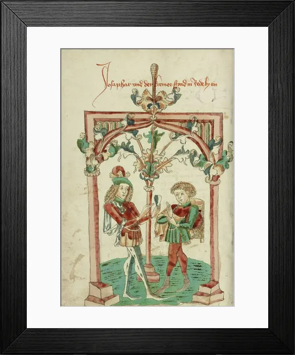 Framed Print : Josaphat Speaking to the Merchant Barlaam about the Precious Gem; Barlaam und Josaphat, 1469. Creators: Hans Schilling, Diebolt Lauber Framed Print : Josaphat Speaking to the Merchant Barlaam about the Precious Gem; Barlaam und Josaphat, 1469. Creators: Hans Schilling, Diebolt Lauber